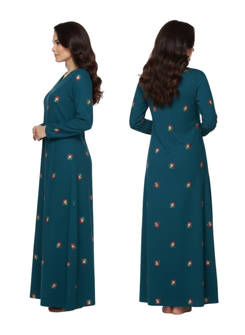 بريميم جلابية نسائية ماكسي بلون أخضر مخضر بطبعة براعم الورد - جلابية رمضان - بياقة على شكل حرف V، وأكمام طويلة، وقماش محبوك ناعم مطاطي، ونقشة زهور بسيطة - Image 5